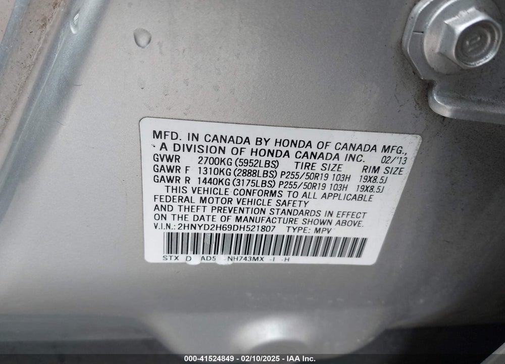 2013 ACURA MDX VIN: 2HNYD2H69DH521807