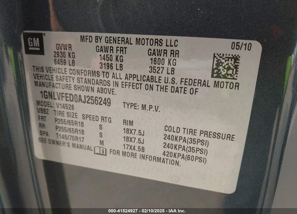 2010 CHEVROLET TRAVERSE LT VIN: 1GNLVFED0AJ256249