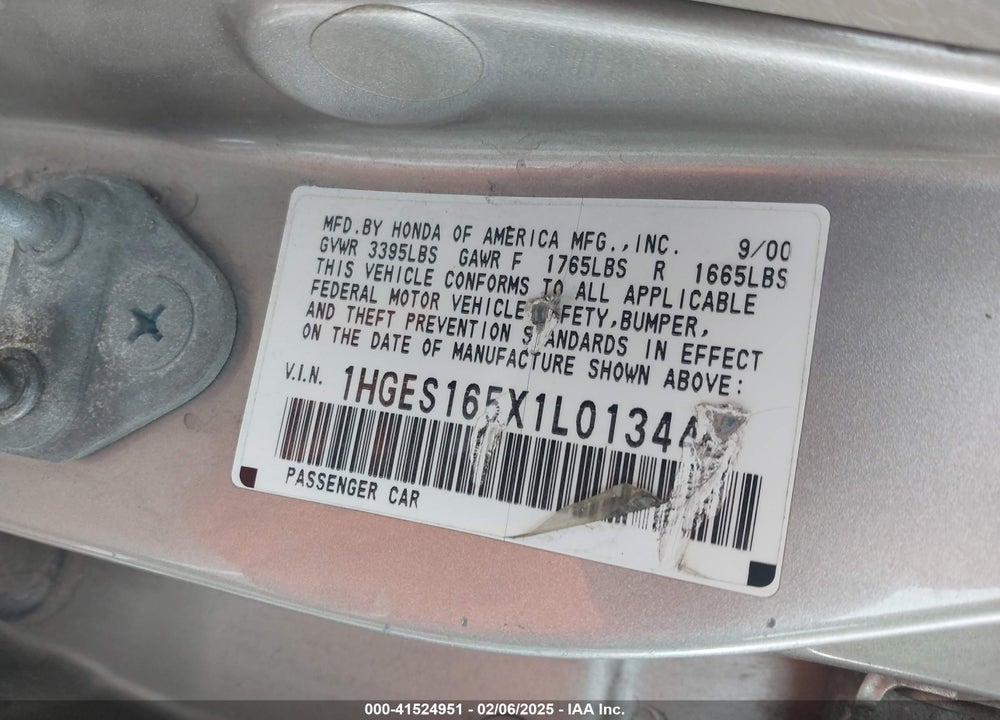 2001 HONDA CIVIC LX VIN: 1HGES165X1L013445