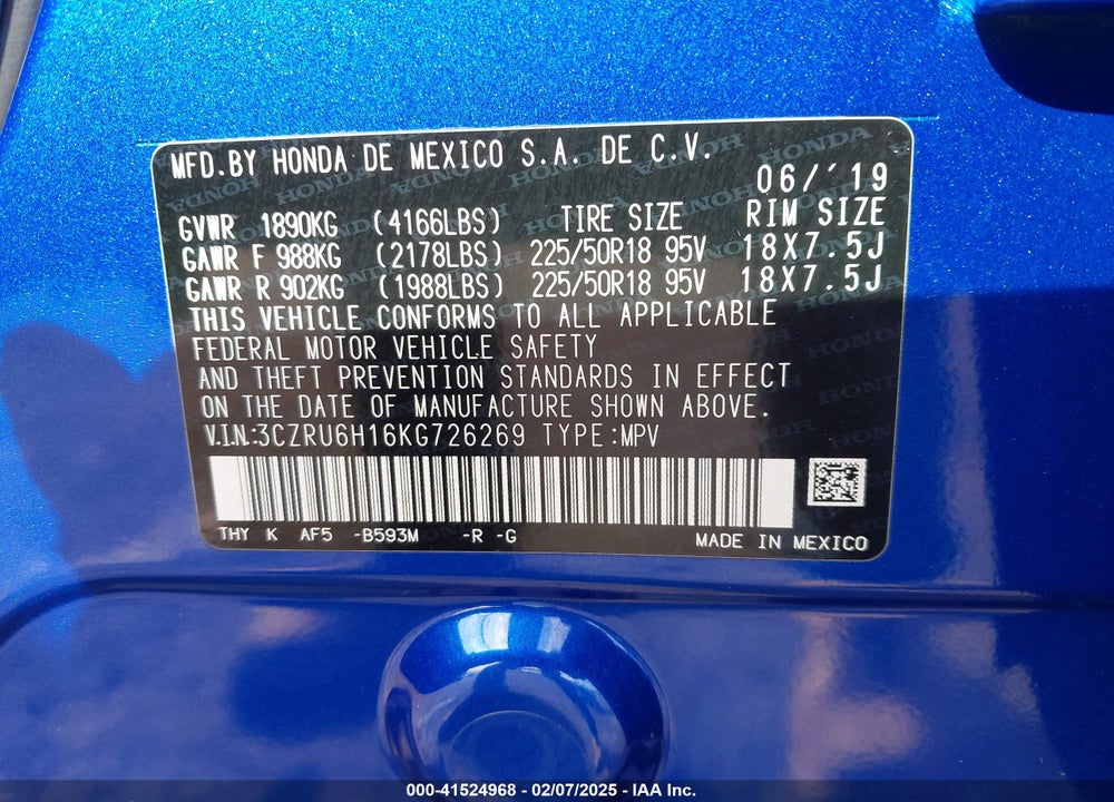 2019 HONDA HR-V VIN: 3CZRU6H16KG726269