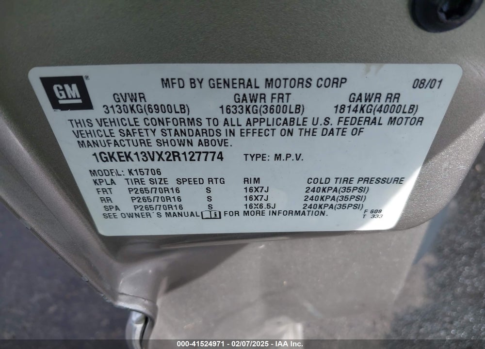 2002 GMC YUKON SLE VIN: 1GKEK13VX2R127774