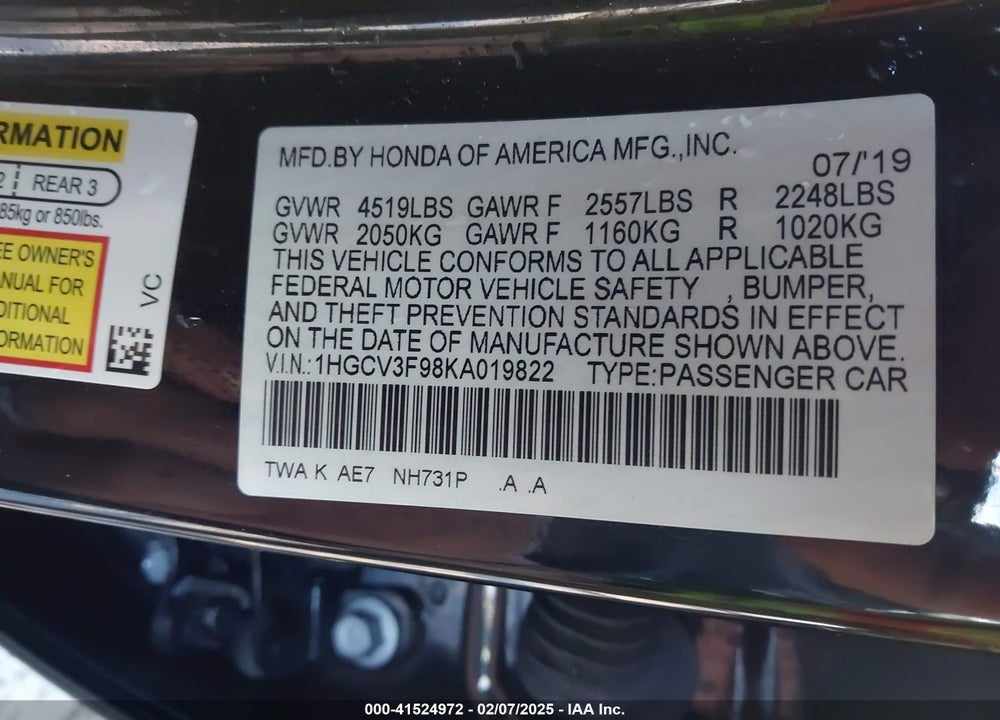 2019 HONDA ACCORD HYBRID VIN: 1HGCV3F98KA019822