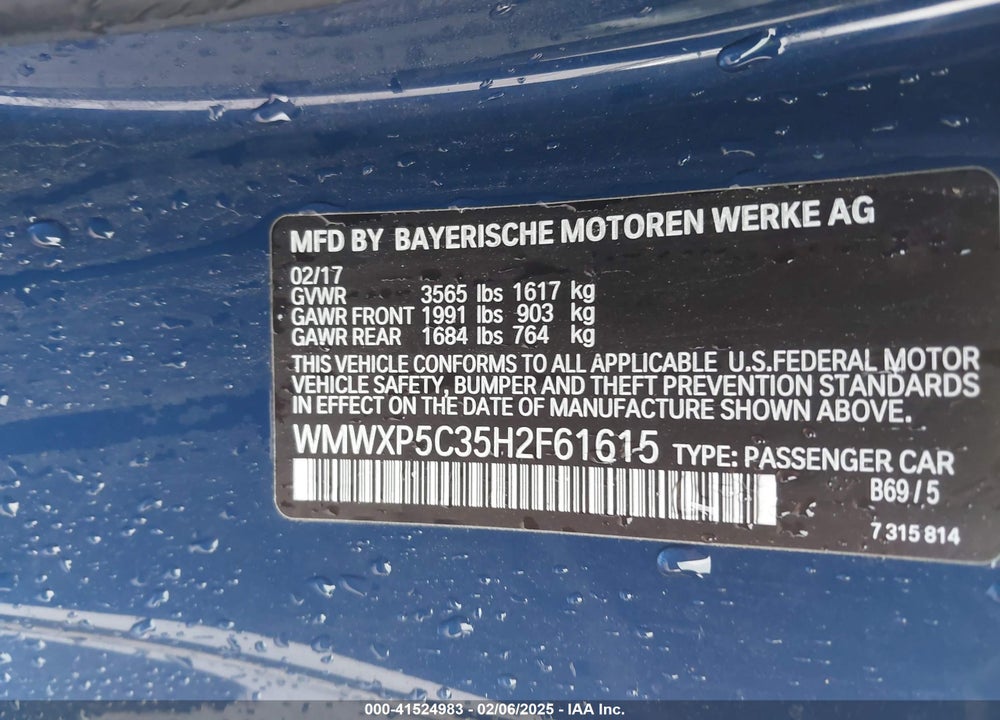 2017 MINI HARDTOP VIN: WMWXP5C35H2F61615