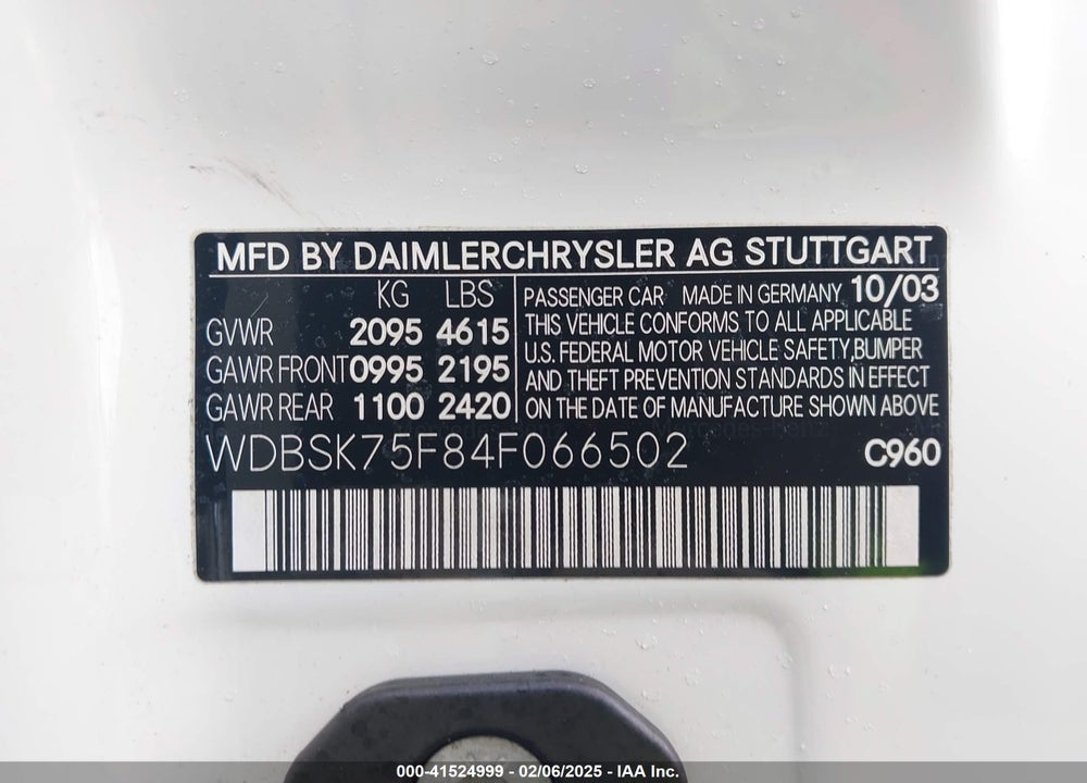 2004 MERCEDES-BENZ SL 500 VIN: WDBSK75F84F066502