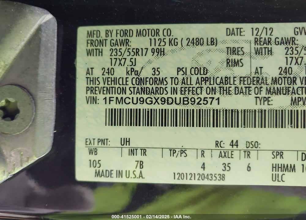 2013 FORD ESCAPE SE VIN: 1FMCU9GX9DUB92571