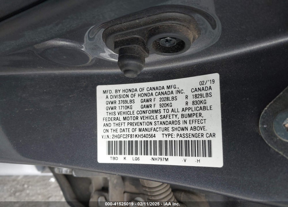 2019 HONDA CIVIC SPORT VIN: 2HGFC2F81KH540564