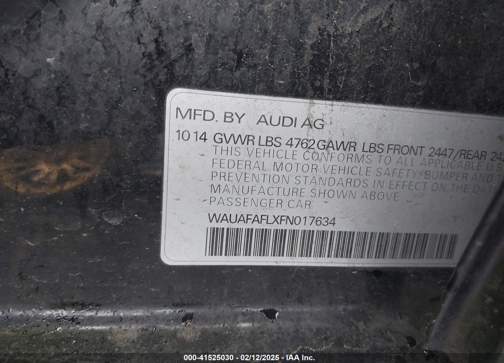 2015 AUDI A4 2.0T PREMIUM VIN: WAUAFAFLXFN017634