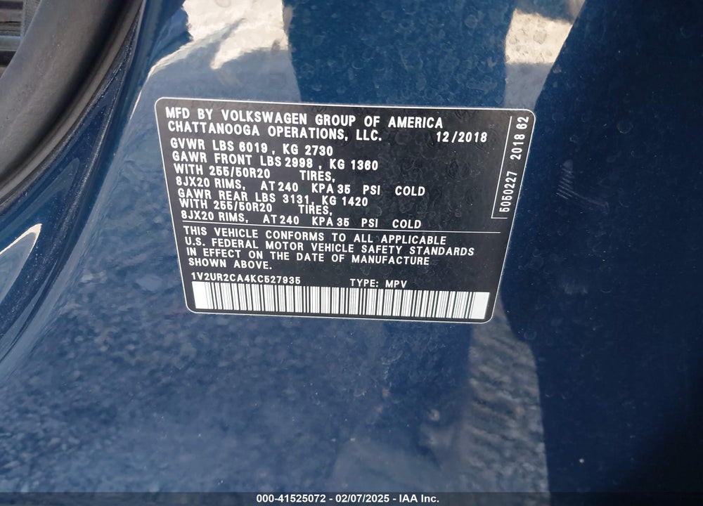 2019 VOLKSWAGEN ATLAS 3.6L V6 SE W/TECHNOLOGY VIN: 1V2UR2CA4KC527935