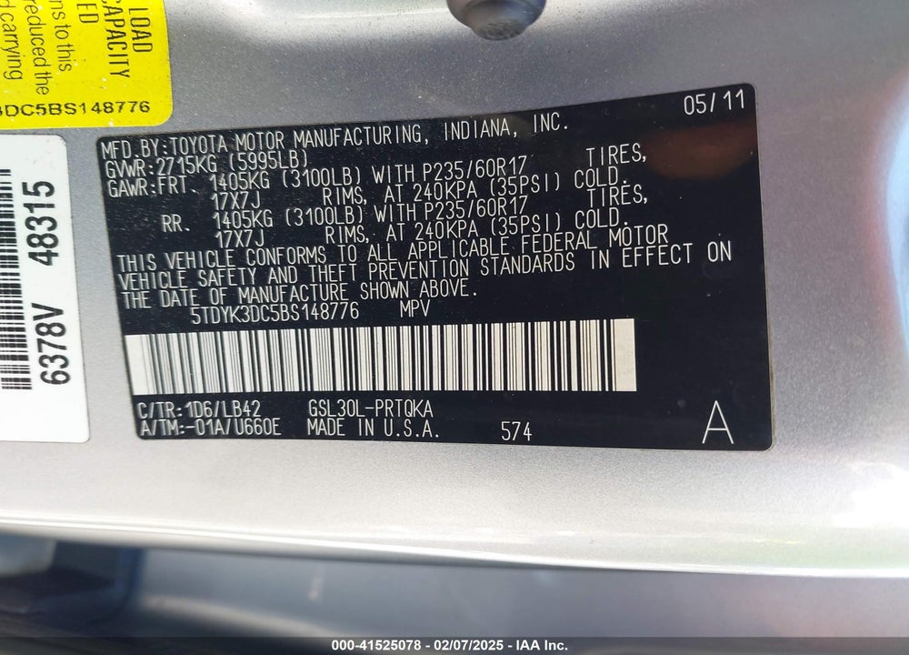 2011 TOYOTA SIENNA XLE LIMITED VIN: 5TDYK3DC5BS148776