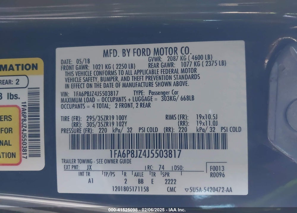 2018 FORD MUSTANG VIN: 1FA6P8JZ4J5503817