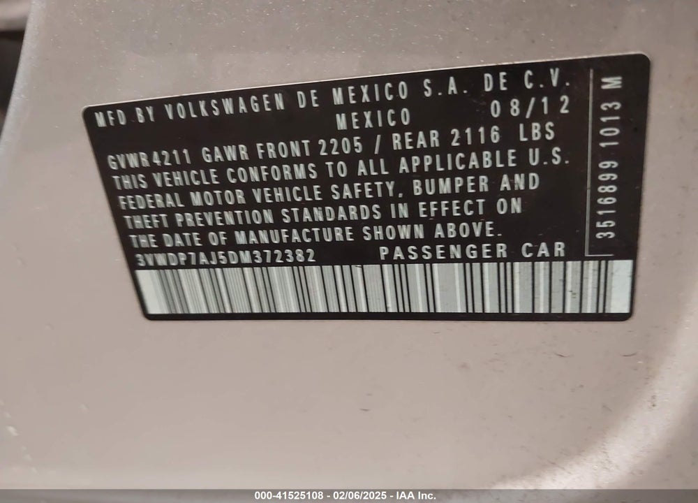2013 VOLKSWAGEN JETTA 2.5L SE VIN: 3VWDP7AJ5DM372382