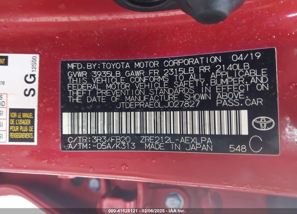 2020 TOYOTA COROLLA VIN: JTDEPRAE0LJ027827