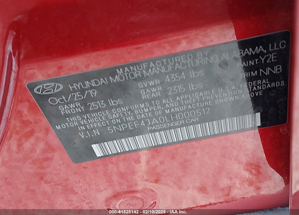 2020 HYUNDAI SONATA SEL VIN: 5NPEF4JA0LH000512