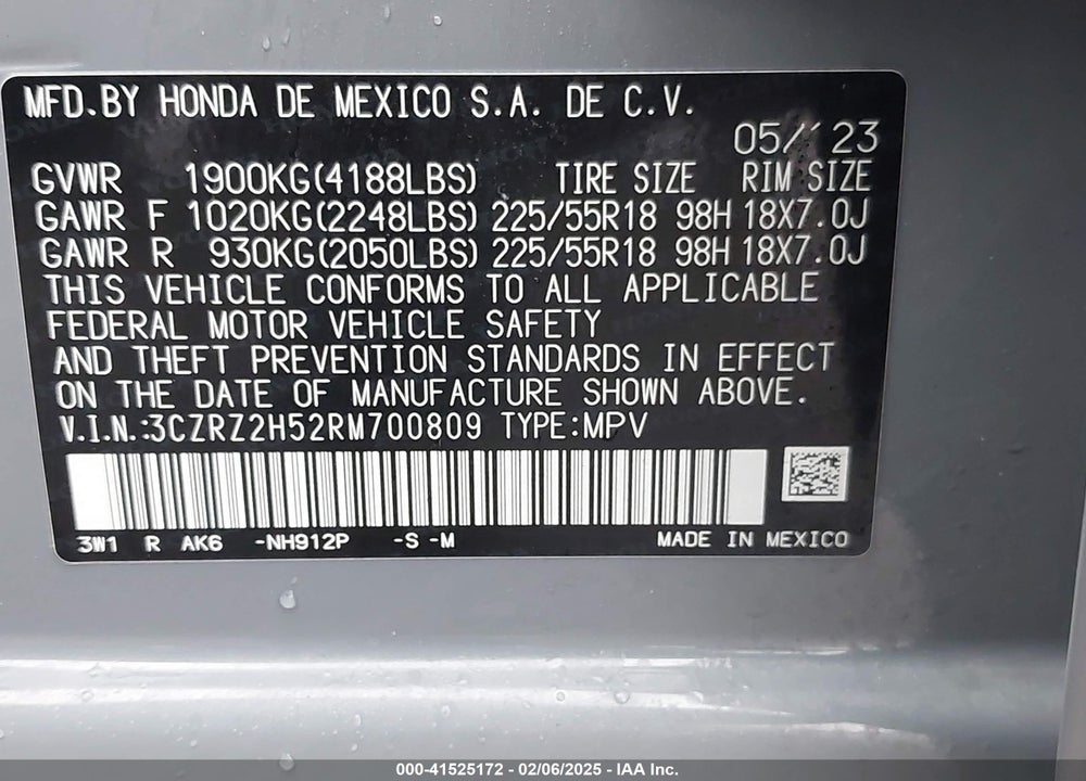 2024 HONDA HR-V AWD SPORT/AWD SPORT W/O BSI VIN: 3CZRZ2H52RM700809