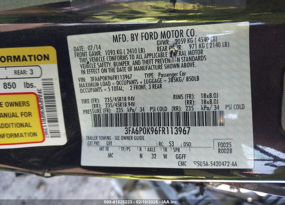 2015 FORD FUSION VIN: 3FA6P0K96FR113967