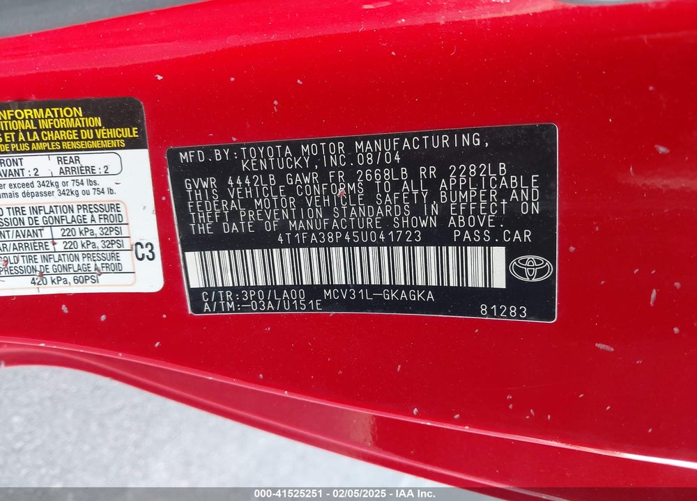 2005 TOYOTA CAMRY SOLARA SLE VIN: 4T1FA38P45U041723