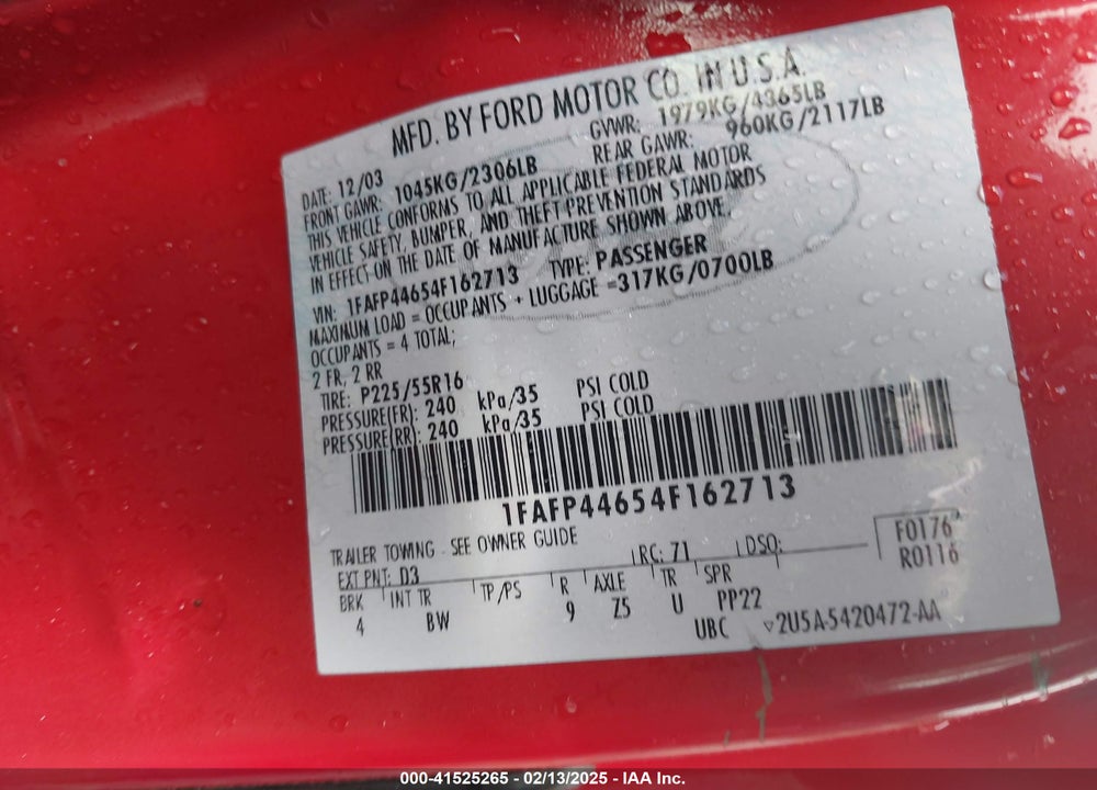 2004 FORD MUSTANG VIN: 1FAFP44654F162713