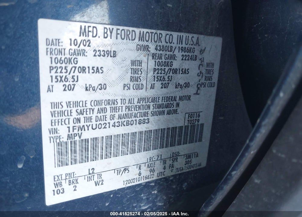 2003 FORD ESCAPE XLS VIN: 1FMYU02143KB01883
