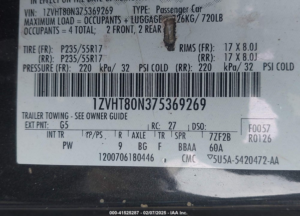 2007 FORD MUSTANG VIN: 1ZVHT80N375369269