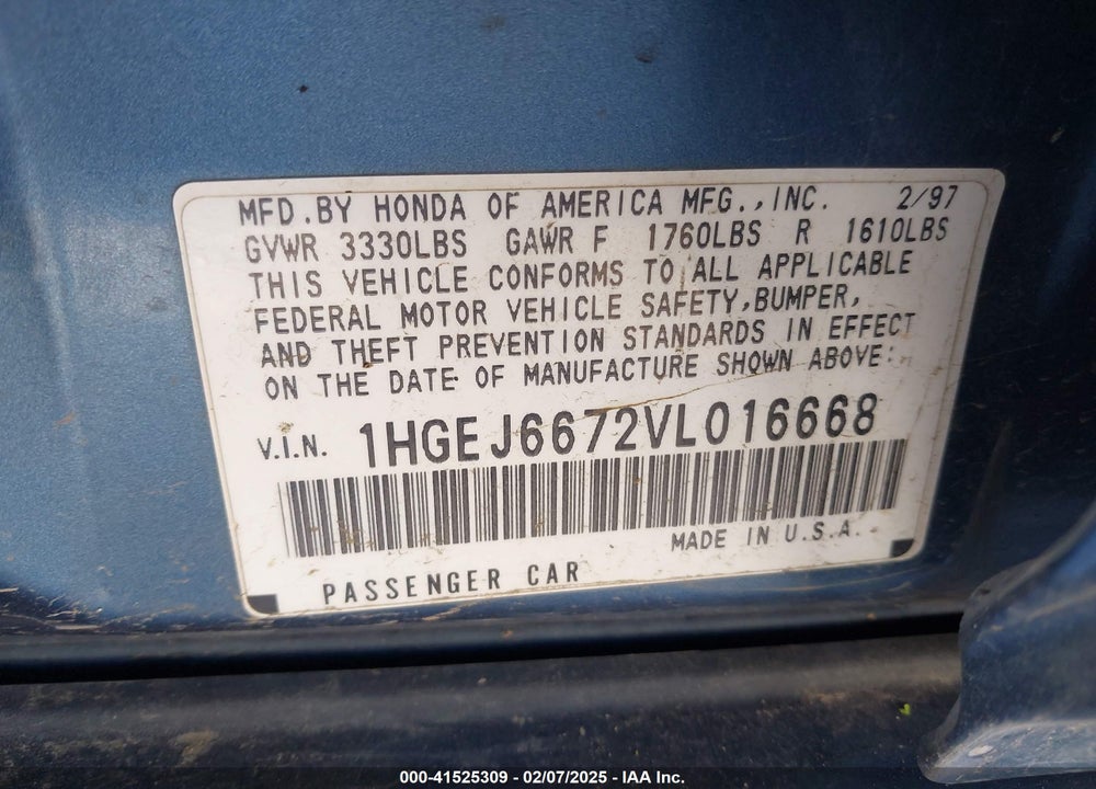 1997 HONDA CIVIC LX VIN: 1HGEJ6672VL016668