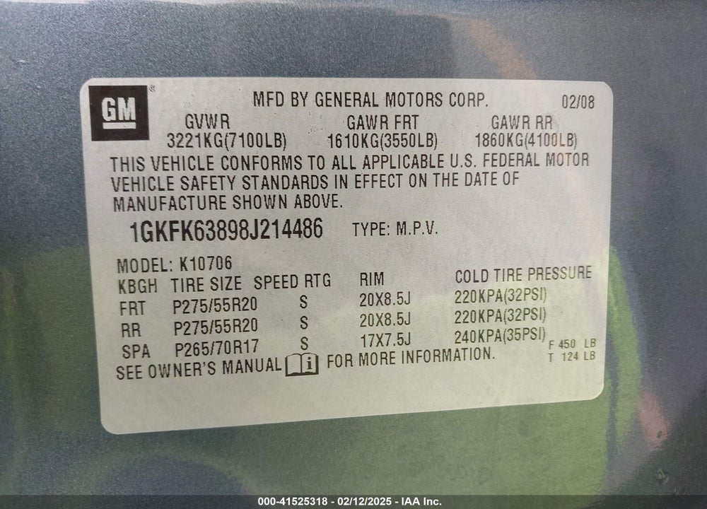 2008 GMC YUKON DENALI VIN: 1GKFK63898J214486