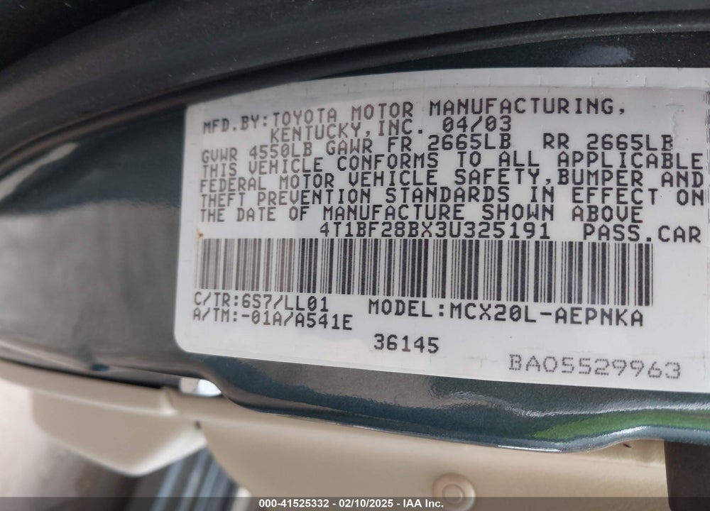 2003 TOYOTA AVALON XL VIN: 4T1BF28BX3U325191