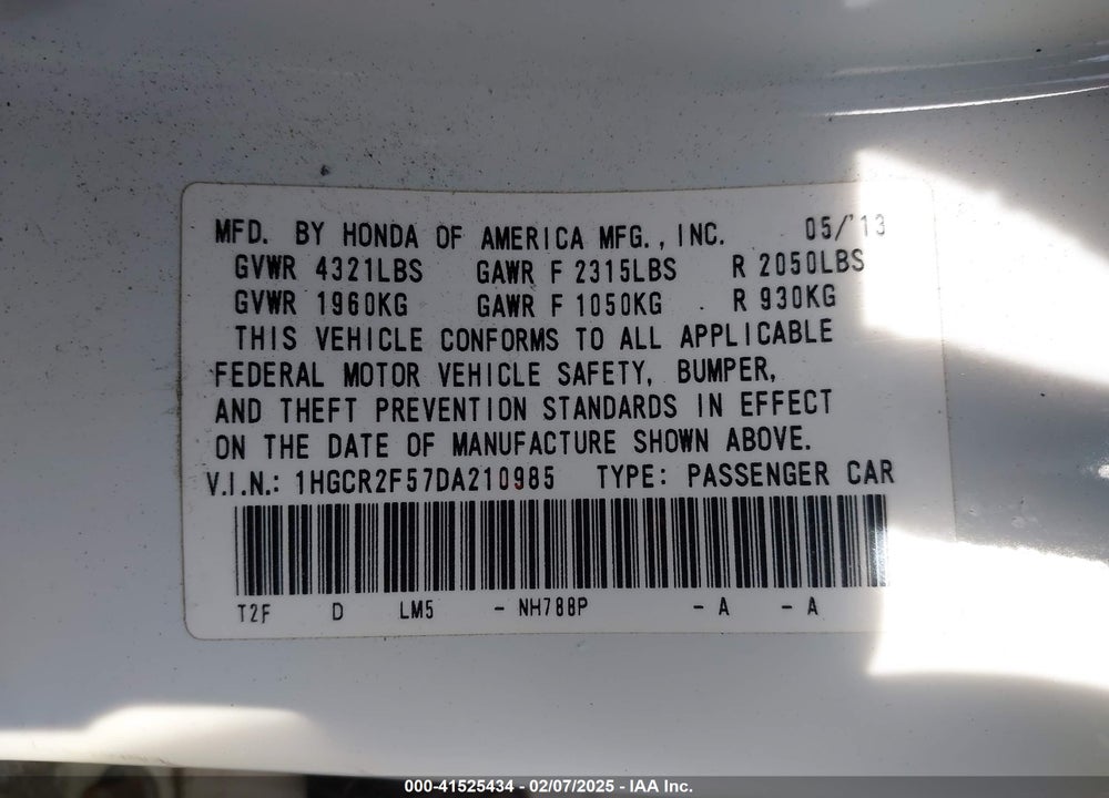 2013 HONDA ACCORD VIN: 1HGCR2F57DA210985