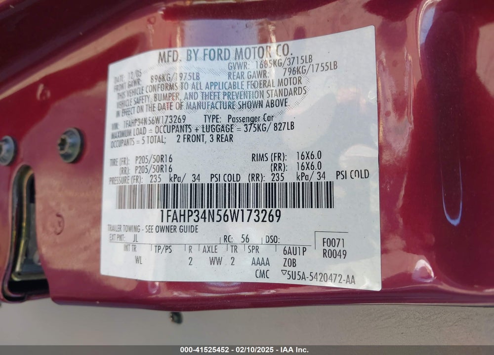 2006 FORD FOCUS ZX4 VIN: 1FAHP34N56W173269