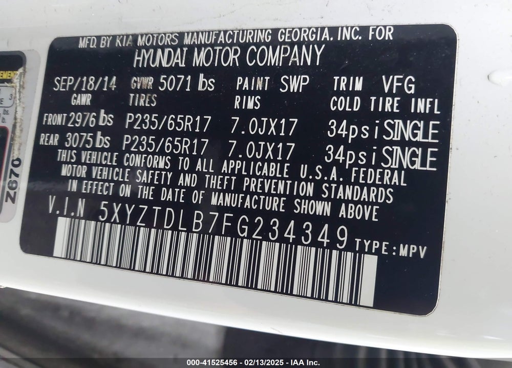 2015 HYUNDAI SANTA FE SPORT 2.4L VIN: 5XYZTDLB7FG234349