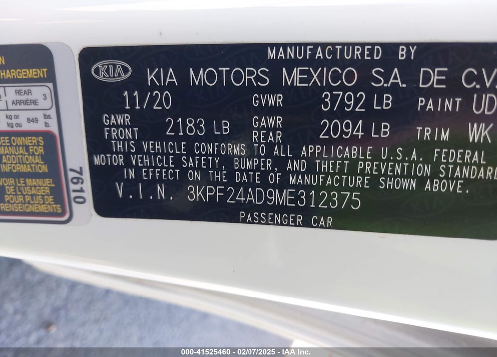 2021 KIA FORTE LXS VIN: 3KPF24AD9ME312375