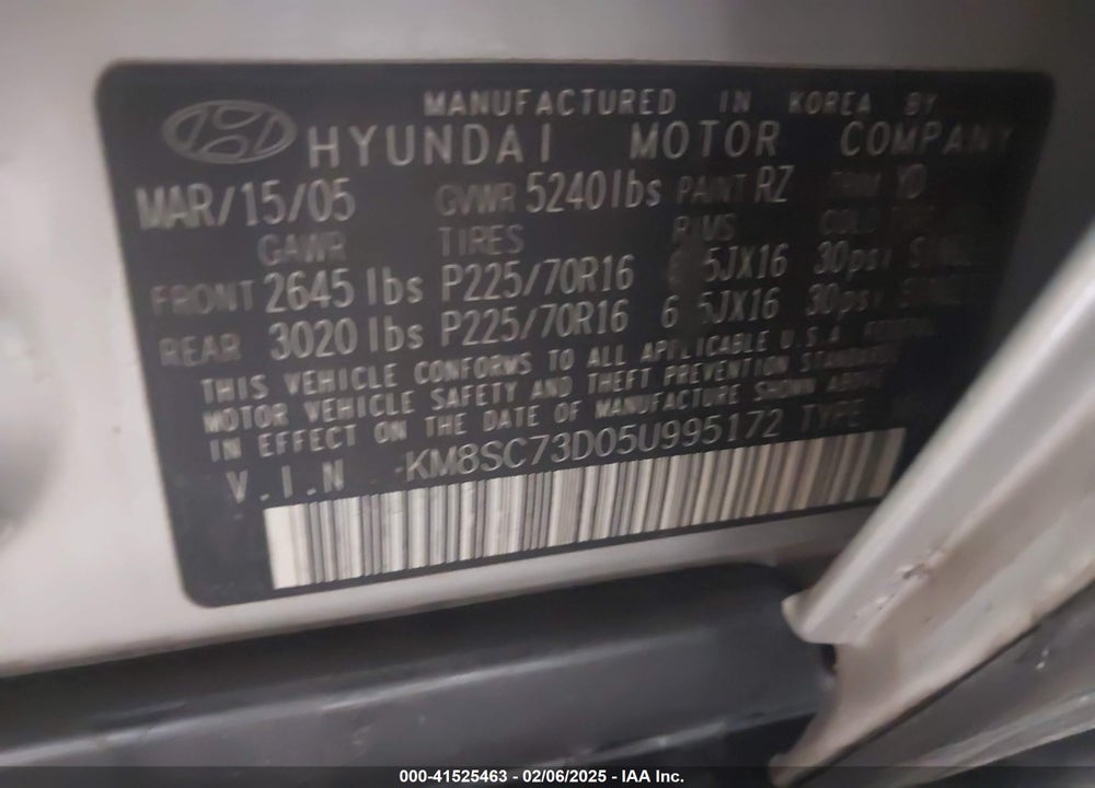 2005 HYUNDAI SANTA FE GLS VIN: KM8SC73D05U995172