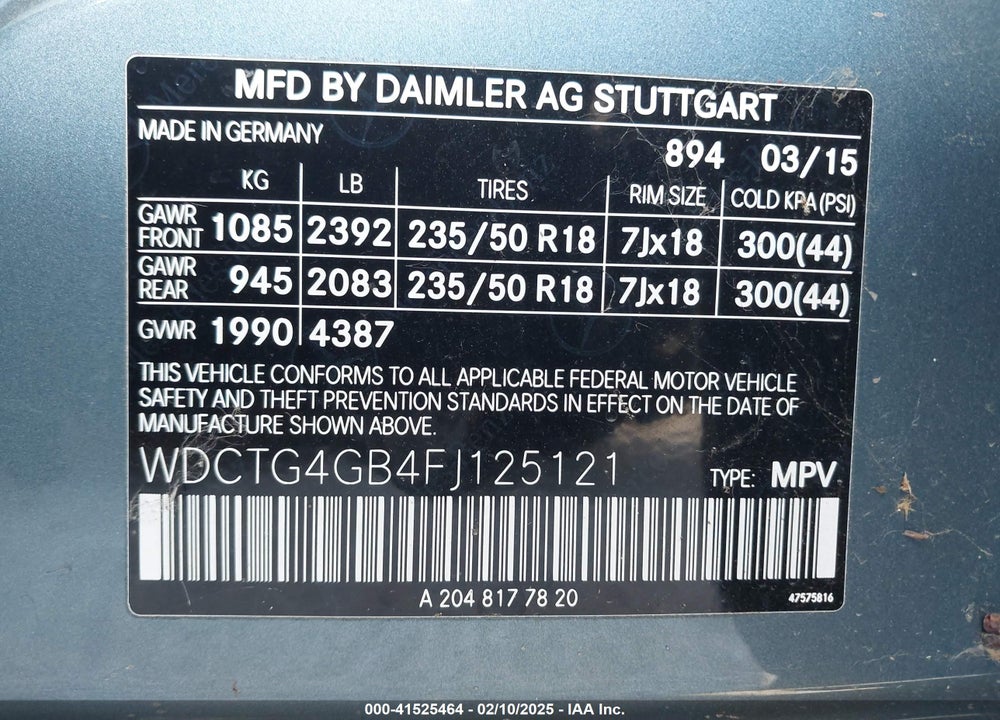 2015 MERCEDES-BENZ GLA-CLASS VIN: WDCTG4GB4FJ125121