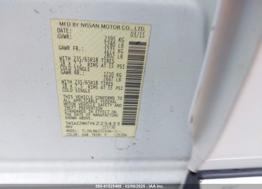 2015 NISSAN MURANO VIN: 5N1AZ2MH7FN225433