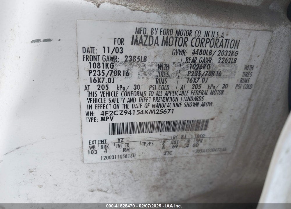 2004 MAZDA TRIBUTE LX V6 VIN: 4F2CZ94154KM25671