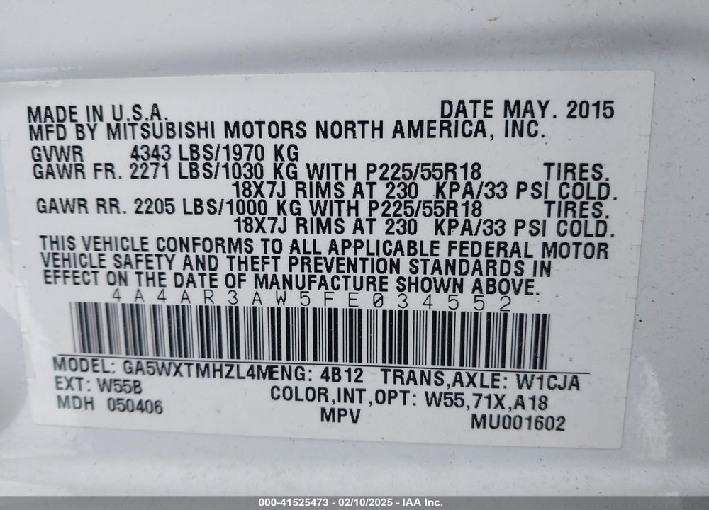 2015 MITSUBISHI OUTLANDER SPORT ES VIN: 4A4AR3AW5FE034552