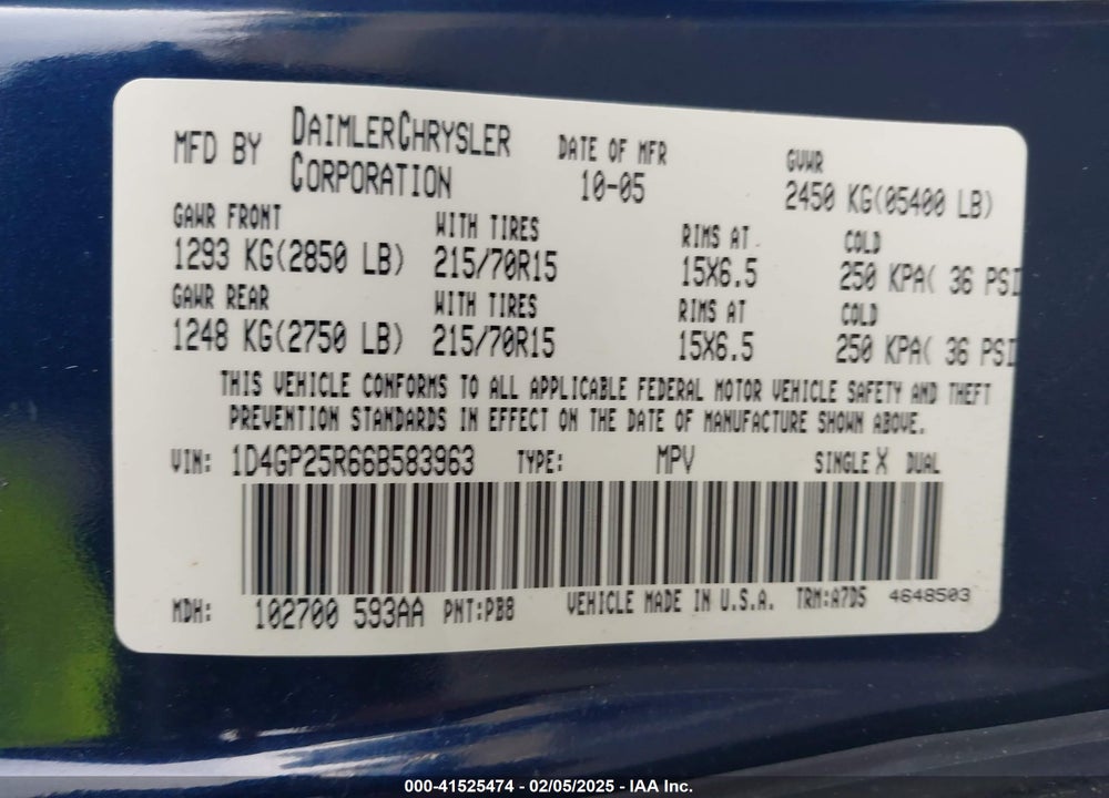 2006 DODGE CARAVAN SE VIN: 1D4GP25R66B583963