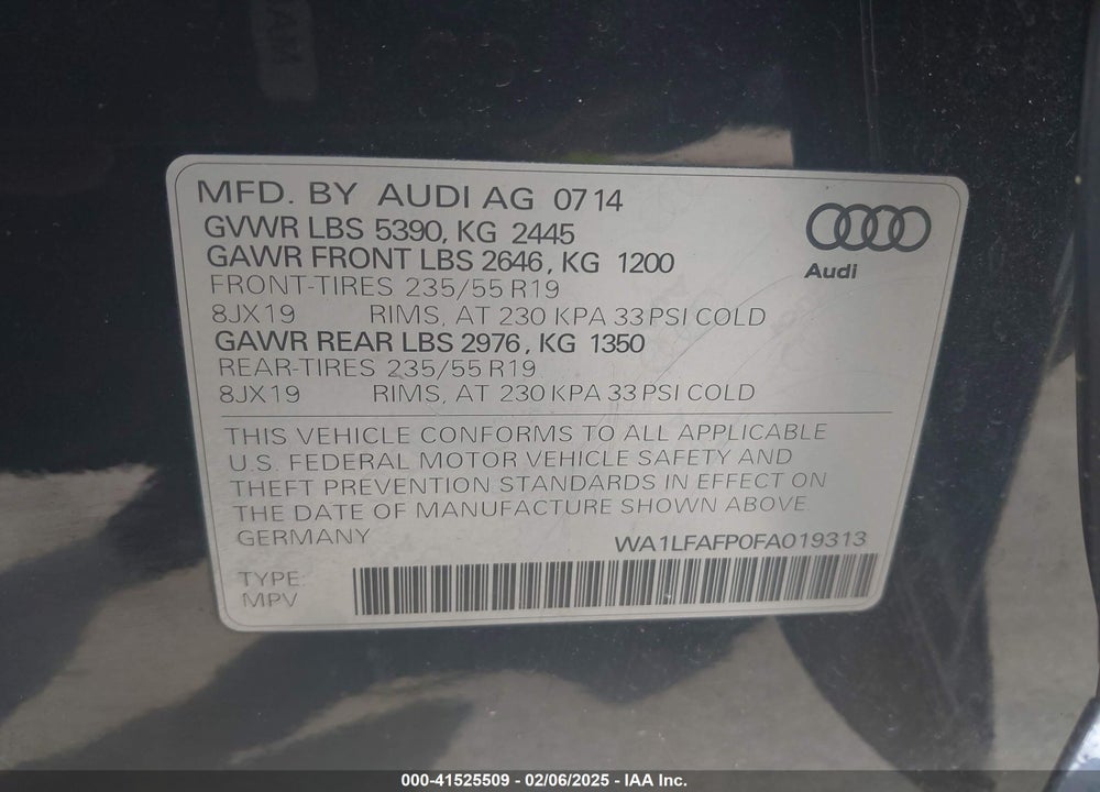2015 AUDI Q5 2.0T PREMIUM VIN: WA1LFAFP0FA019313