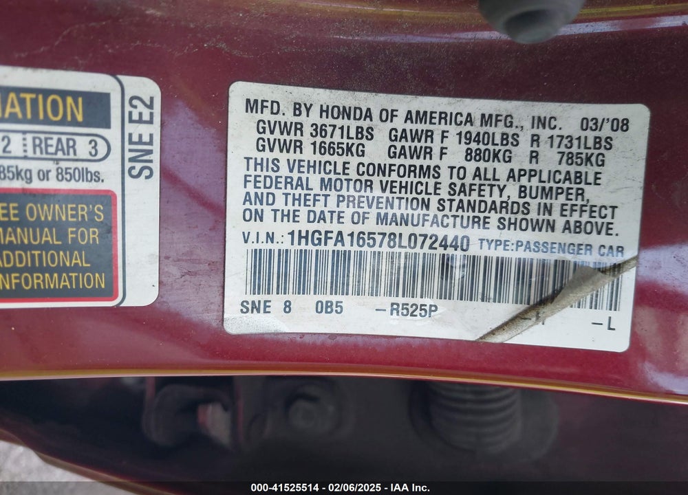 2008 HONDA CIVIC VIN: 1HGFA16578L072440