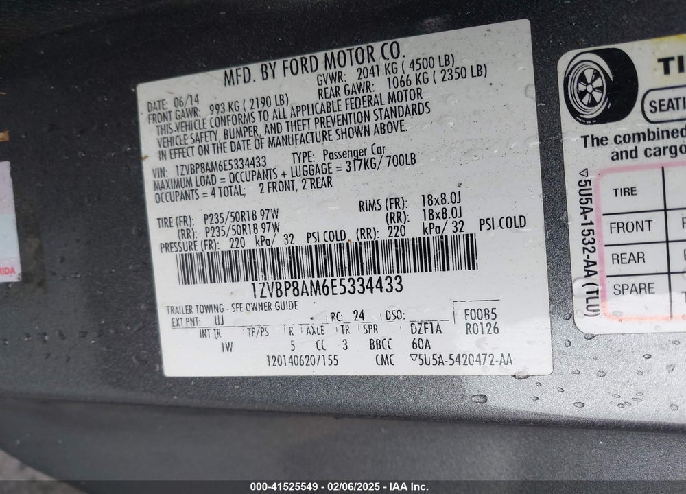 2014 FORD MUSTANG V6 VIN: 1ZVBP8AM6E5334433