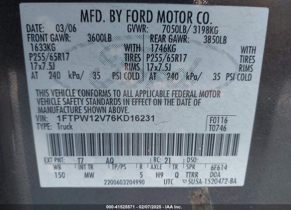 2006 FORD F-150 LARIAT/XLT VIN: 1FTPW12V76KD16231