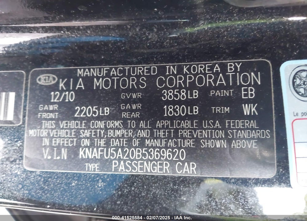 2011 KIA FORTE EX VIN: KNAFU5A20B5369620