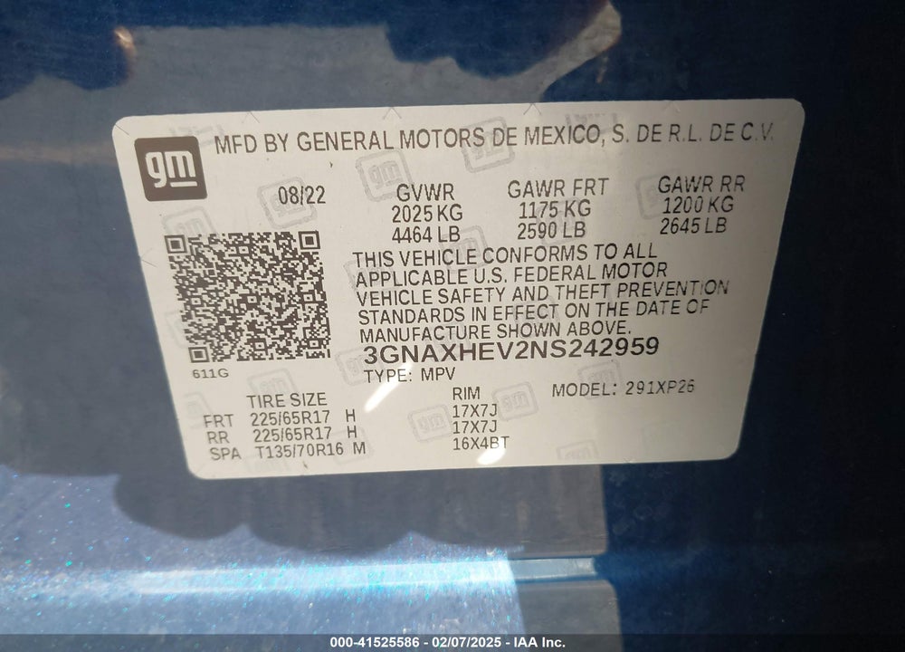 2022 CHEVROLET EQUINOX FWD LS VIN: 3GNAXHEV2NS242959