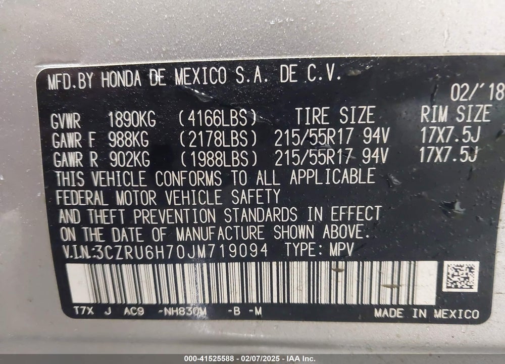 2018 HONDA HR-V VIN: 3CZRU6H70JM719094