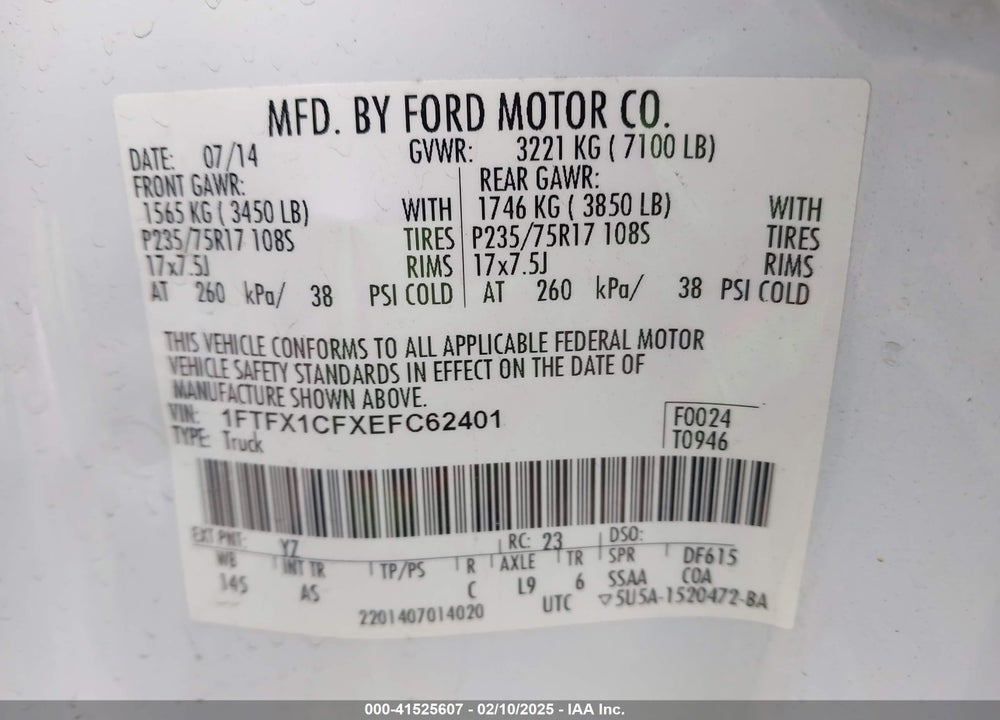 2014 FORD F-150 VIN: 1FTFX1CFXEFC62401