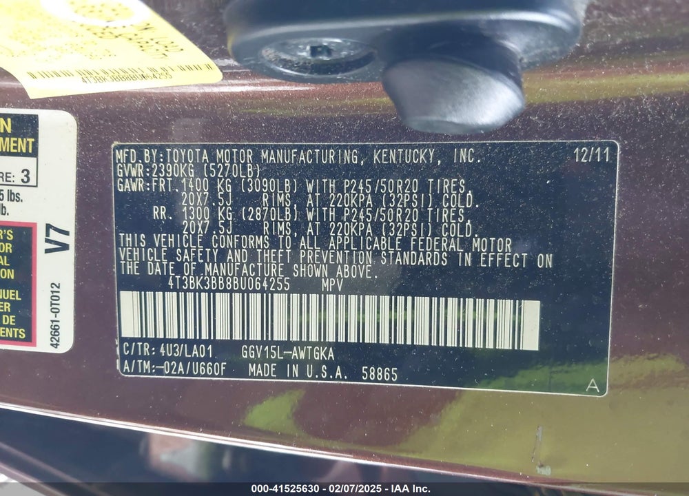 2011 TOYOTA VENZA BASE V6 VIN: 4T3BK3BB8BU064255