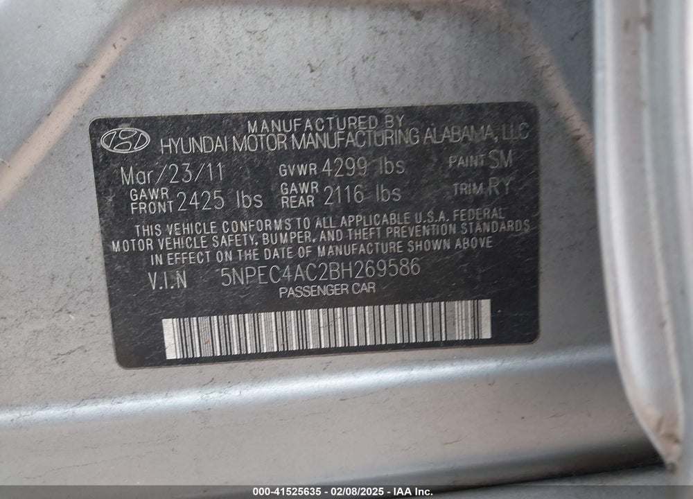 2011 HYUNDAI SONATA VIN: 5NPEC4AC2BH269586
