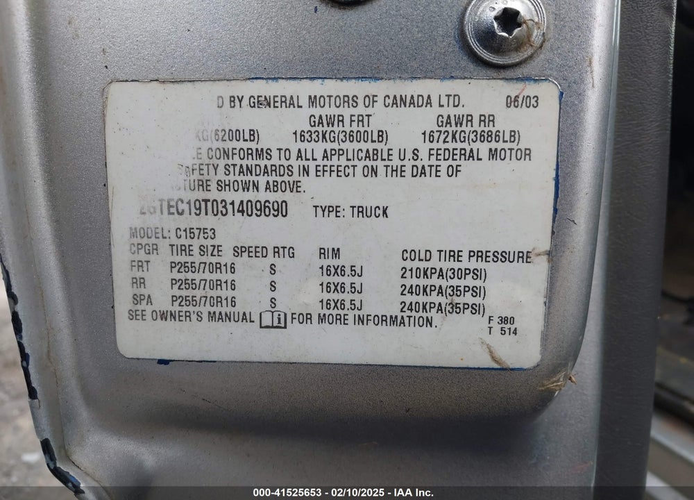2003 GMC SIERRA 1500 SLE VIN: 2GTEC19T031409690