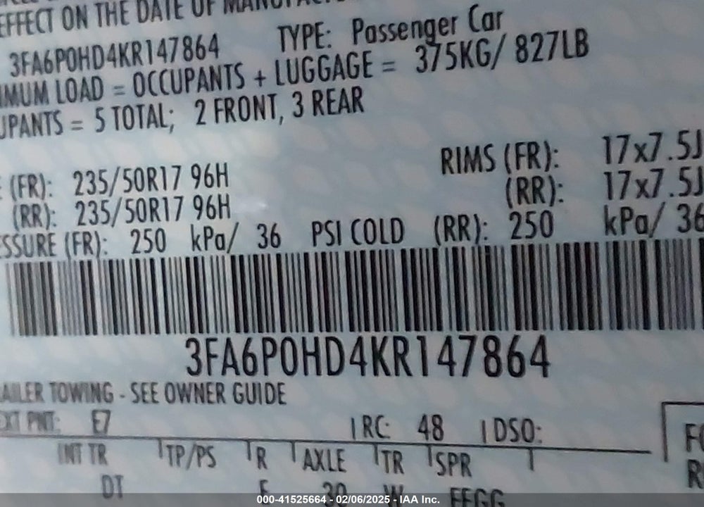 2019 FORD FUSION VIN: 3FA6P0HD4KR147864