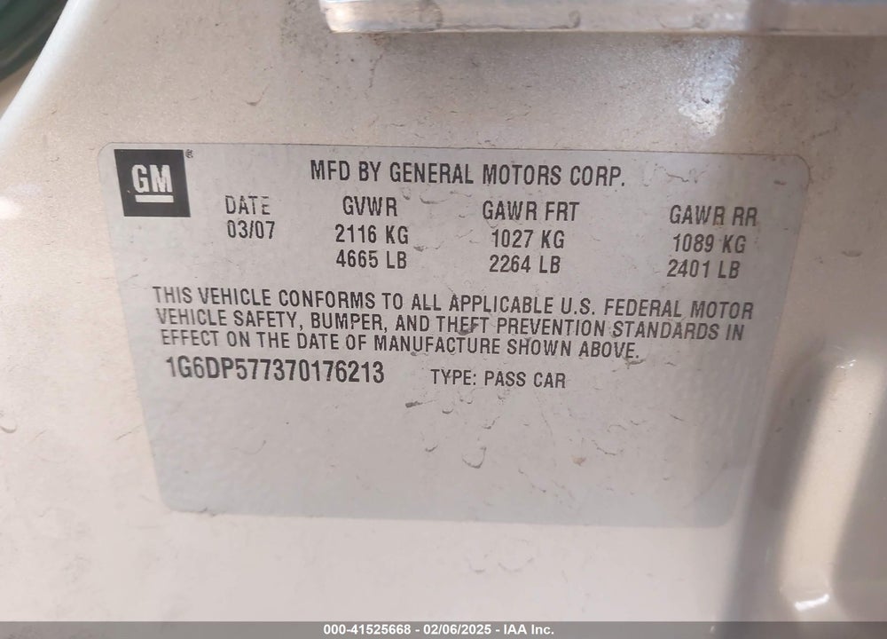 2007 CADILLAC CTS STANDARD VIN: 1G6DP577370176213