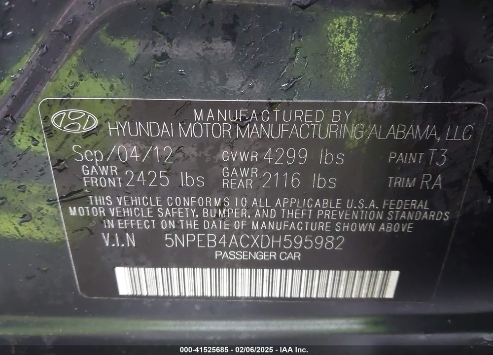 2013 HYUNDAI SONATA GLS VIN: 5NPEB4ACXDH595982